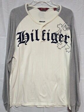 Vintage Tommy Hilfiger Men's Cream and Gray Long-Sleeve Henley Shirt